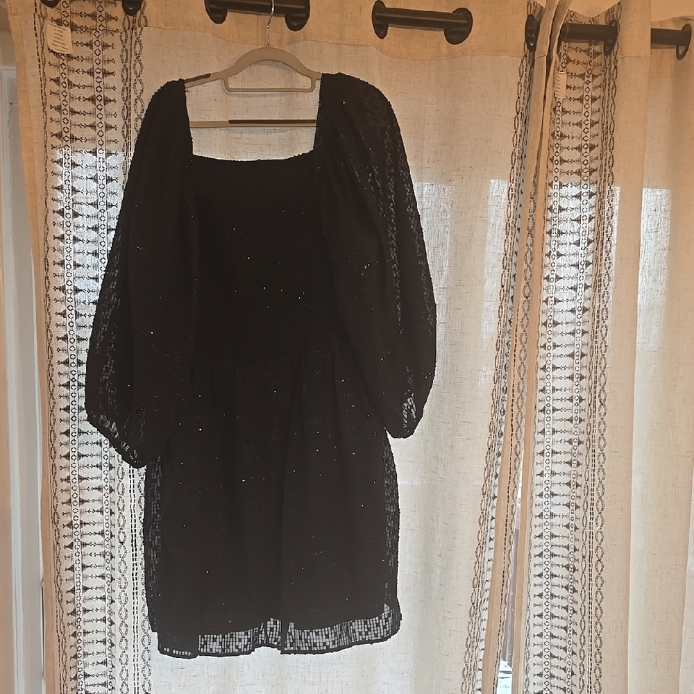 NWT: Arula glitter Navy Dress with Sheer quater puffer Sleeves,